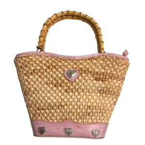 Large Straw Bamboo 💖Heart Bucket Purse Bag